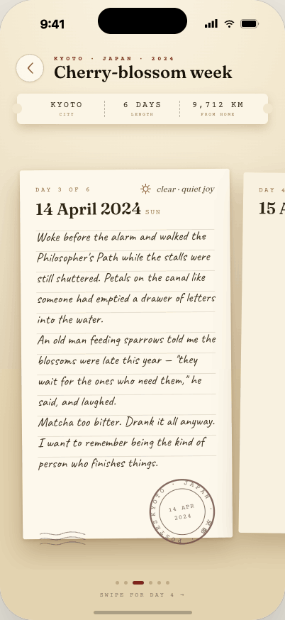 JourneyDiaries pages screen showing a day's paper